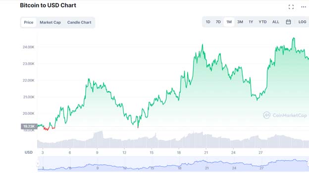 Місячний графік торгів BTC/USD. Джерело: CoinMarketCap.