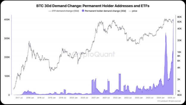 Зміна попиту на Bitcoin впродовж 30 днів: постійні адреси власників і ETFs. Джерело: сторінка X Кі Янг Джу