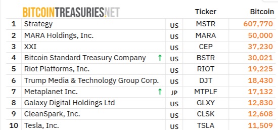 10 найкращих Bitcoin Treasury Companies. Джерело: BitcoinTreasuriesNet.