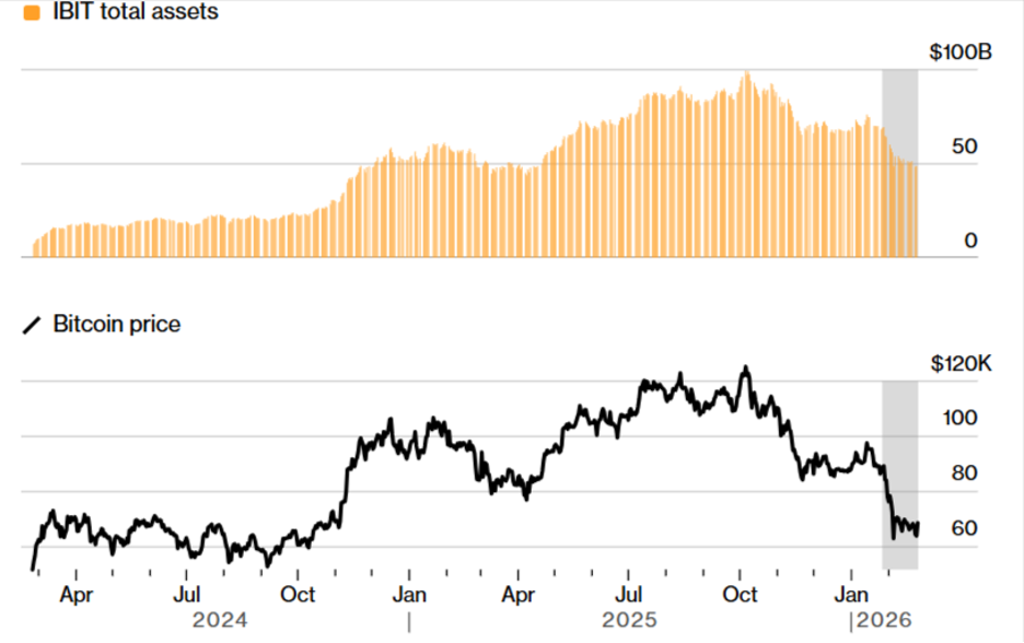 Активи IShares Bitcoin Trust ETF (IBIT) від BlackRock утримуються на тлі падіння цін. Джерело: Bloomberg.